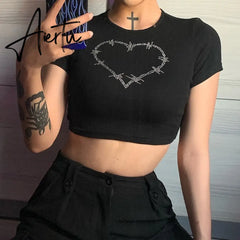 Y2k Aesthetic Graphic Tank Tops Women Rhinestone Heart Shape Print Vest O Neck Short Sleeve Crop Top Summer Slim Tanks Short Top Aiertu