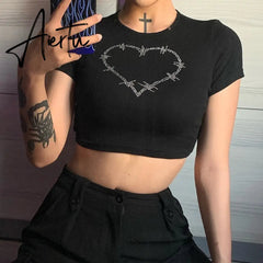 Y2k Aesthetic Graphic Tank Tops Women Rhinestone Heart Shape Print Vest O Neck Short Sleeve Crop Top Summer Slim Tanks Short Top Aiertu