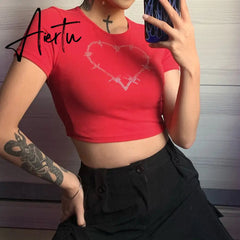 Y2k Aesthetic Graphic Tank Tops Women Rhinestone Heart Shape Print Vest O Neck Short Sleeve Crop Top Summer Slim Tanks Short Top Aiertu