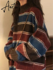 Y2k Aesthetic Sweaters O Neck Harajuku Pullover Womens Japanese Striped Jumpers Knitwear Autumn Grunge Contrast Color Pullovers Aiertu