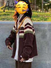 Y2k Aesthetic Vintage Tassel Knitted Cardigan Spring Oversize Loose Contrast Women Sweater Zipper Harajuku Cardigans Femme Aiertu