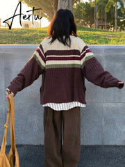 Y2k Aesthetic Vintage Tassel Knitted Cardigan Spring Oversize Loose Contrast Women Sweater Zipper Harajuku Cardigans Femme Aiertu
