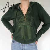 Y2K Aesthetic Women Hoodies with Pockets 90s Vintage Graphic Printed Zipper Coat Top E-girl Sweatshirt Green Autumn fairy grunge Aiertu