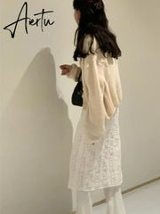 Y2k Clothes Simple Fold Patchwork Lace Slim Dress Fake Two Pieces Leggings Pants Korean Fashion Pantalones De Mujer Aiertu