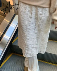 Y2k Clothes Simple Fold Patchwork Lace Slim Dress Fake Two Pieces Leggings Pants Korean Fashion Pantalones De Mujer Aiertu