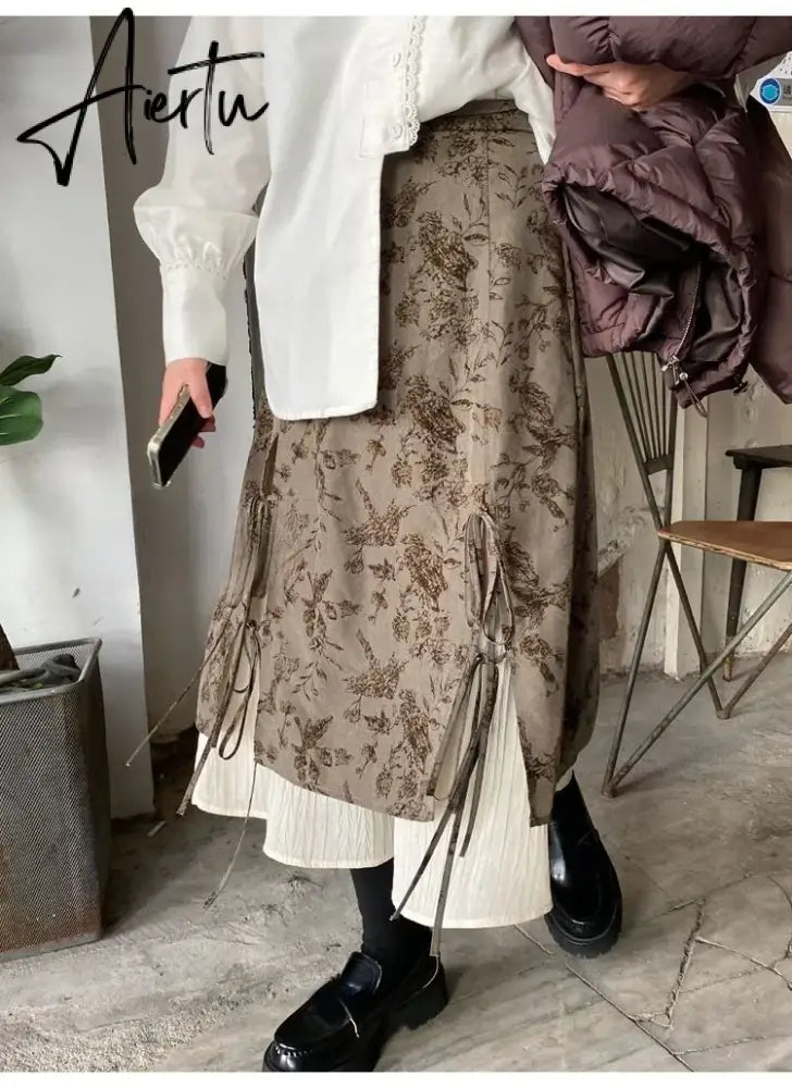 Y2k Cute Party Long Skirts Printed Boho Grunge Fairyore Retro Skirts Kawaii Holiday Ruffle Patchwork Pleated Skirts Women Faldas Aiertu