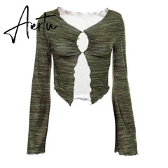 Y2k Fairy Grunge Tops Green Long Sleeve Crop Top T Shirts Vintage Clothes Fall Sexy Cardigen Women Aiertu