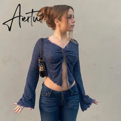 Y2k Fairy Grunge Tops Green Long Sleeve Crop Top T Shirts Vintage Clothes Fall Sexy Cardigen Women Aiertu