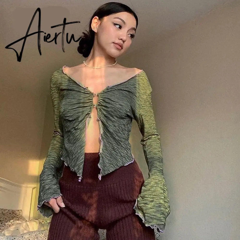 Y2k Fairy Grunge Tops Green Long Sleeve Crop Top T Shirts Vintage Clothes Fall Sexy Cardigen Women Aiertu