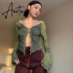 Y2k Fairy Grunge Tops Green Long Sleeve Crop Top T Shirts Vintage Clothes Fall Sexy Cardigen Women Aiertu