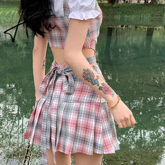 Y2k Fashion Korean Preppy Style Mini Skirts Women Clothing Blouse Summer Set White Pink Kawaii Harajuku Pleated Plaid Skirt Aiertu