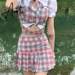 Y2k Fashion Korean Preppy Style Mini Skirts Women Clothing Blouse Summer Set White Pink Kawaii Harajuku Pleated Plaid Skirt Aiertu
