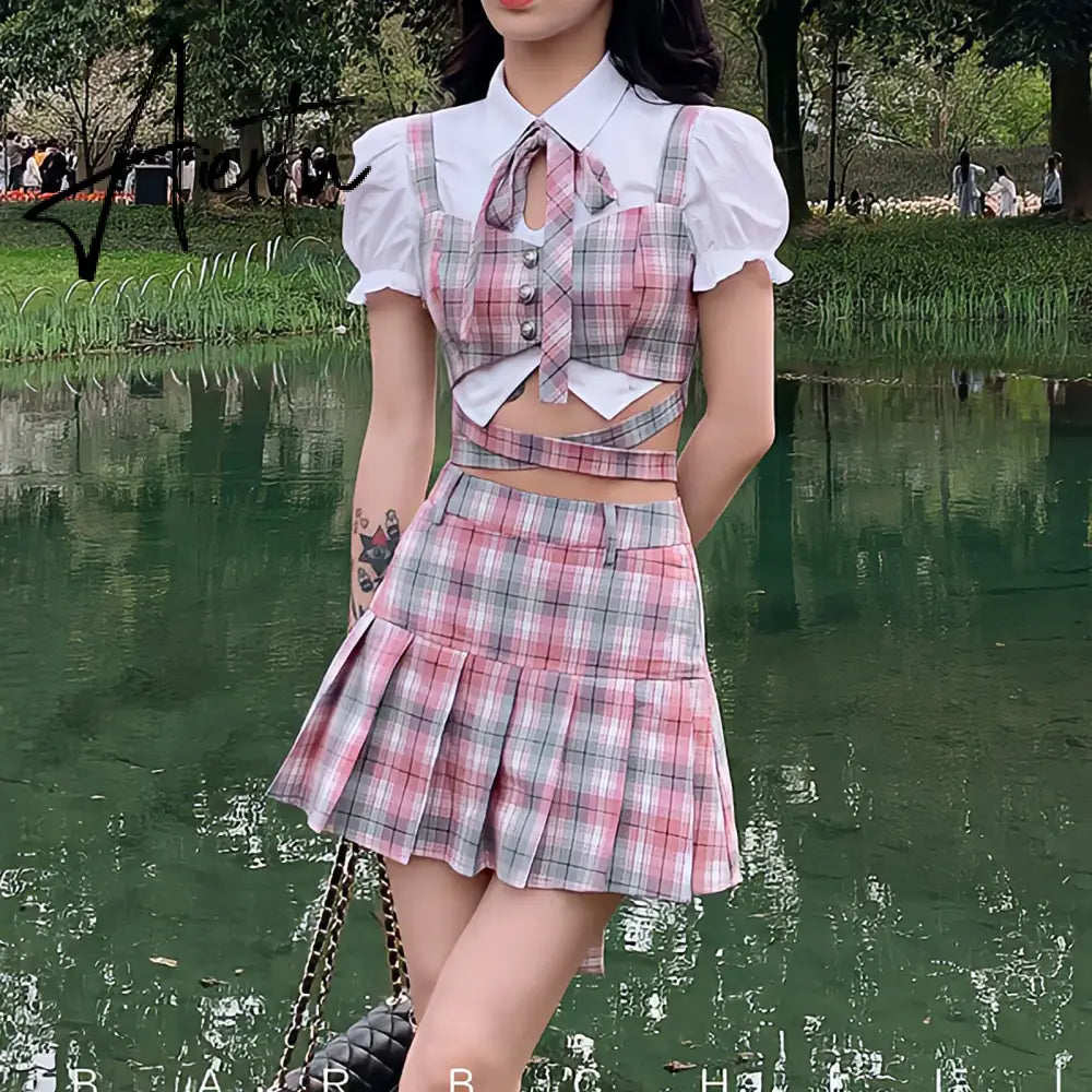 Y2k Fashion Korean Preppy Style Mini Skirts Women Clothing Blouse Summer Set White Pink Kawaii Harajuku Pleated Plaid Skirt Aiertu