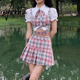 Y2k Fashion Korean Preppy Style Mini Skirts Women Clothing Blouse Summer Set White Pink Kawaii Harajuku Pleated Plaid Skirt Aiertu