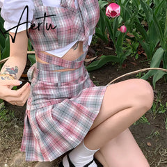 Y2k Fashion Korean Preppy Style Mini Skirts Women Clothing Blouse Summer Set White Pink Kawaii Harajuku Pleated Plaid Skirt Aiertu