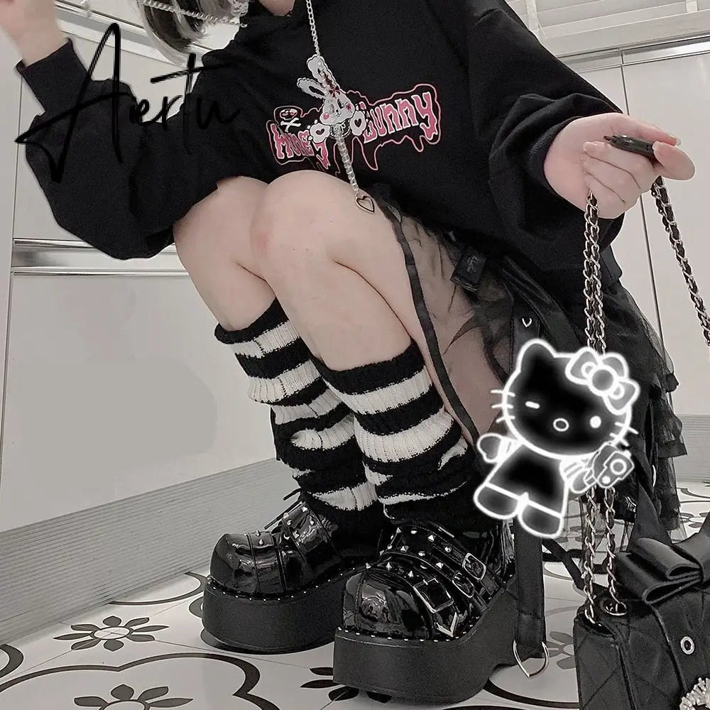 Y2k Goth Lolita Leg Striped Warmers Japanese Women Gothic Long Socks Gaiters Knee Winter Knitted Cuffs Ankle Warmer Aiertu