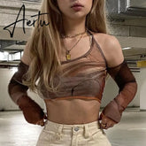 Y2k Gothic Print Brown Corset Tops Vintage Crop Top T Shirt Harajuku Grunge With Glove Fashion T-Shirt Women Summer Tshirt Camis Aiertu