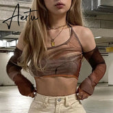 Y2k Gothic Print Brown Corset Tops Vintage Crop Top T Shirt Harajuku Grunge With Glove Fashion T-Shirt Women Summer Tshirt Camis Aiertu