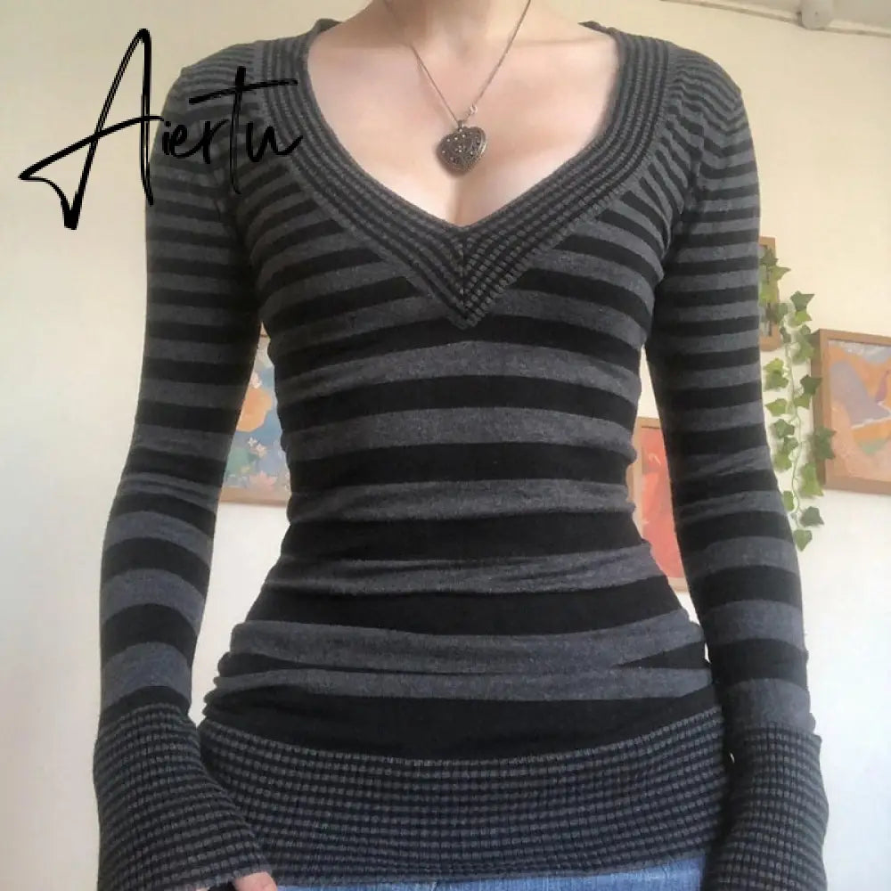Y2K Grunge Emo 00s Vintage T Shirt Black Grey Striped V Neck Long Sleeve Jumper Tops Chic Women Autumn Retro Mall Goth Tees Aiertu