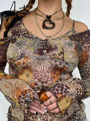 Y2k Grunge Mesh T-shirt Off Shoulder Vintage Print Crop Top Casual Long Sleeve Women Chic Summer Shirts 2000s Aesthetic Aiertu