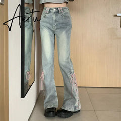 Y2K High Waist Jeans Women Vintage Bandage Slit Slim Flare Denim Pants Female Korean Streetwear Casual Wide Leg Trousers Aiertu