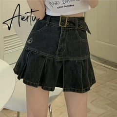 Y2k Hot Girl Irregular Denim Miniskirt Female Summer Harajuku Kawaii Mini Skirt New High Waist A Word Pleated Skirt Goth Skirt Aiertu