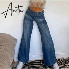 Y2K Low Rise Staright Cargo Jeans Wrap Belt Retro Denim Pants Ruched Drawstring Women Denim Trousers Street Indie Aesthetic Jean Aiertu