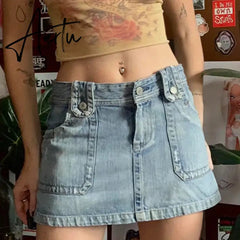 Y2K Preppy Retro Jeans Mini Skirt Korean Fashion High Waist Denim Pencil Skirt Chic Women Harajuku Grunge Vintage Streetwear Aiertu