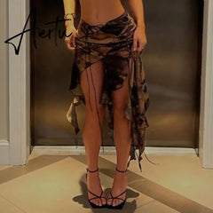 Y2K Printed Mini Skirts Lace Up Ruffles Vintage Beach Sexy Skirts Women Party Asymmetrical Bohemian Vintage Skirts Chic Aiertu
