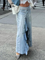 Y2k Split Loose Denim Skirt Harajuku Low Rise Stitched Ruffles Long Skirts For Women Summer Fashion Streetwear Chic Aiertu