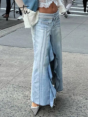 Y2k Split Loose Denim Skirt Harajuku Low Rise Stitched Ruffles Long Skirts For Women Summer Fashion Streetwear Chic Aiertu