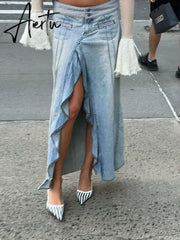 Y2k Split Loose Denim Skirt Harajuku Low Rise Stitched Ruffles Long Skirts For Women Summer Fashion Streetwear Chic Aiertu