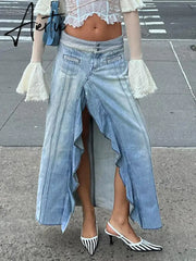 Y2k Split Loose Denim Skirt Harajuku Low Rise Stitched Ruffles Long Skirts For Women Summer Fashion Streetwear Chic Aiertu