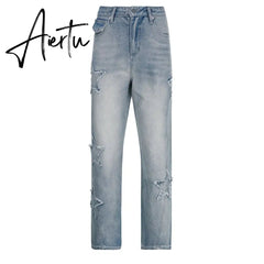 Y2k Star Patchwork Jeans Women Streetwear Low Rise Straight Leg Denim Cargo Pants Baggy Harajuku Vintage Casual Jean 90s Aiertu