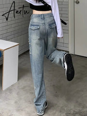 Y2k Star Patchwork Jeans Women Streetwear Low Rise Straight Leg Denim Cargo Pants Baggy Harajuku Vintage Casual Jean 90s Aiertu