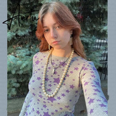 Y2K Stars Vintage Aesthetics Crop Tops Autumn Spring Full Sleeve Basic Tees Harajuku Grunge 00s Retro T Shirt Mall Goth Clothes Aiertu