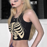 Y2K Summer Slim Crop Top T Shirt Aesthetic Gothic Skeleton Corset Tops Women Harajuku Vintage Black Streetwear Sleeveless Tshirt Aiertu
