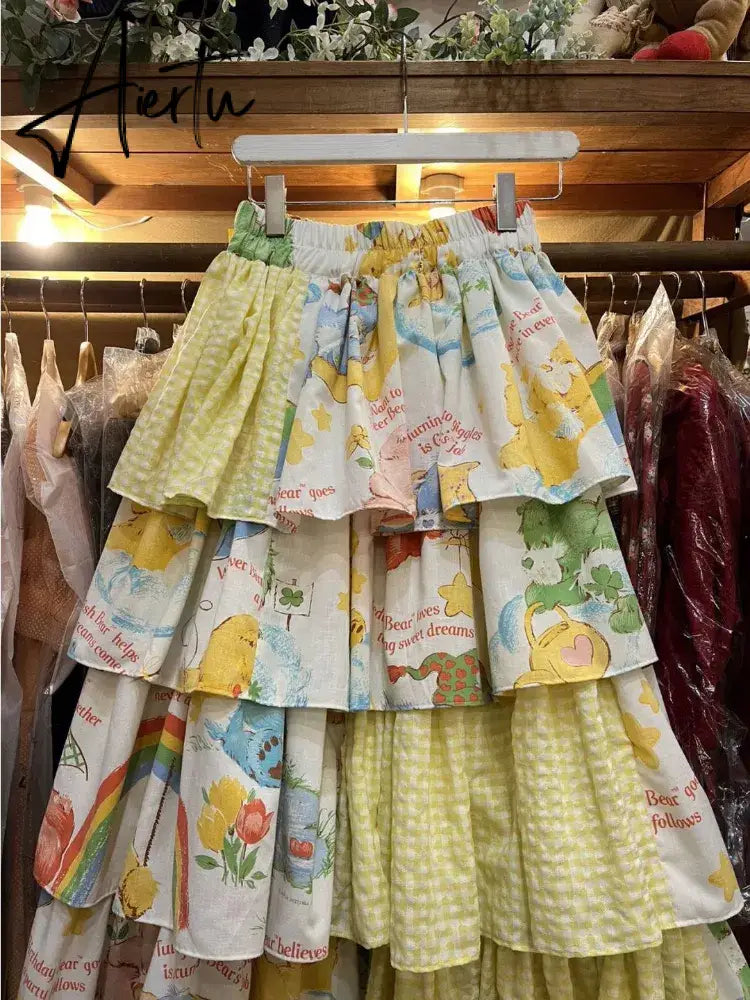 Y2k Sweet Fashion Skirt Age-reducing Print Splicing Cake Skirts Summer New Half Skirt Vintage Harajuku Fashion Faldas Aiertu