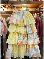 Y2k Sweet Fashion Skirt Age-reducing Print Splicing Cake Skirts Summer New Half Skirt Vintage Harajuku Fashion Faldas Aiertu