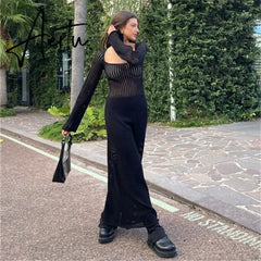 Y2K Vintage Black Knitted Long Dress Chic Women Summer Beach Holiday Hollow Out Cover-Ups Retro Crochet Maxi Smock Dresses Aiertu