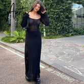 Y2K Vintage Black Knitted Long Dress Chic Women Summer Beach Holiday Hollow Out Cover-Ups Retro Crochet Maxi Smock Dresses Aiertu