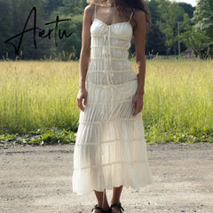 Y2K Vintage Ruffle Tunnel Gown Dress Tie Up Bandage Backless Maxi Long Dresses Women 2000s Retro Fairy Cottage Cocktail Vestidos Aiertu