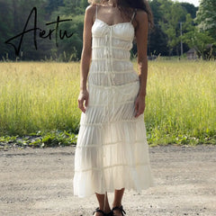 Y2K Vintage Ruffle Tunnel Gown Dress Tie Up Bandage Backless Maxi Long Dresses Women 2000s Retro Fairy Cottage Cocktail Vestidos Aiertu