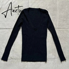 Y2K Vintage V-Neck Knitted T-shirt Autumn Long Sleeve Slim Fit Black Sweater Tees 2000s Retro Grunge Cottage Pullovers Tops Aiertu