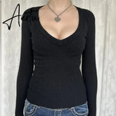 Y2K Vintage V-Neck Knitted T-shirt Autumn Long Sleeve Slim Fit Black Sweater Tees 2000s Retro Grunge Cottage Pullovers Tops Aiertu