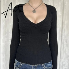 Y2K Vintage V-Neck Knitted T-shirt Autumn Long Sleeve Slim Fit Black Sweater Tees 2000s Retro Grunge Cottage Pullovers Tops Aiertu