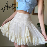 Y2k White Lace Ruffles Pleated Skirts Preppy Style Sweet Girl Kawaii Mini Skirts Korean Retro Women Party Cosplay Sweetwear Aiertu