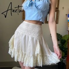 Y2k White Lace Ruffles Pleated Skirts Preppy Style Sweet Girl Kawaii Mini Skirts Korean Retro Women Party Cosplay Sweetwear Aiertu