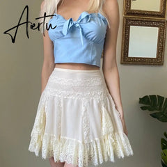 Y2k White Lace Ruffles Pleated Skirts Preppy Style Sweet Girl Kawaii Mini Skirts Korean Retro Women Party Cosplay Sweetwear Aiertu