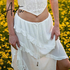 Y2K White Trim Midi Skirts Women Split Low Waisted Tie Up Long Skirts Women Fairycore Summer French Skirts Holiday Beach Aiertu